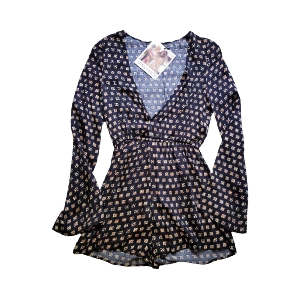 MINKPINK Leopard Geometric Print Plunge Romper Size L NWT